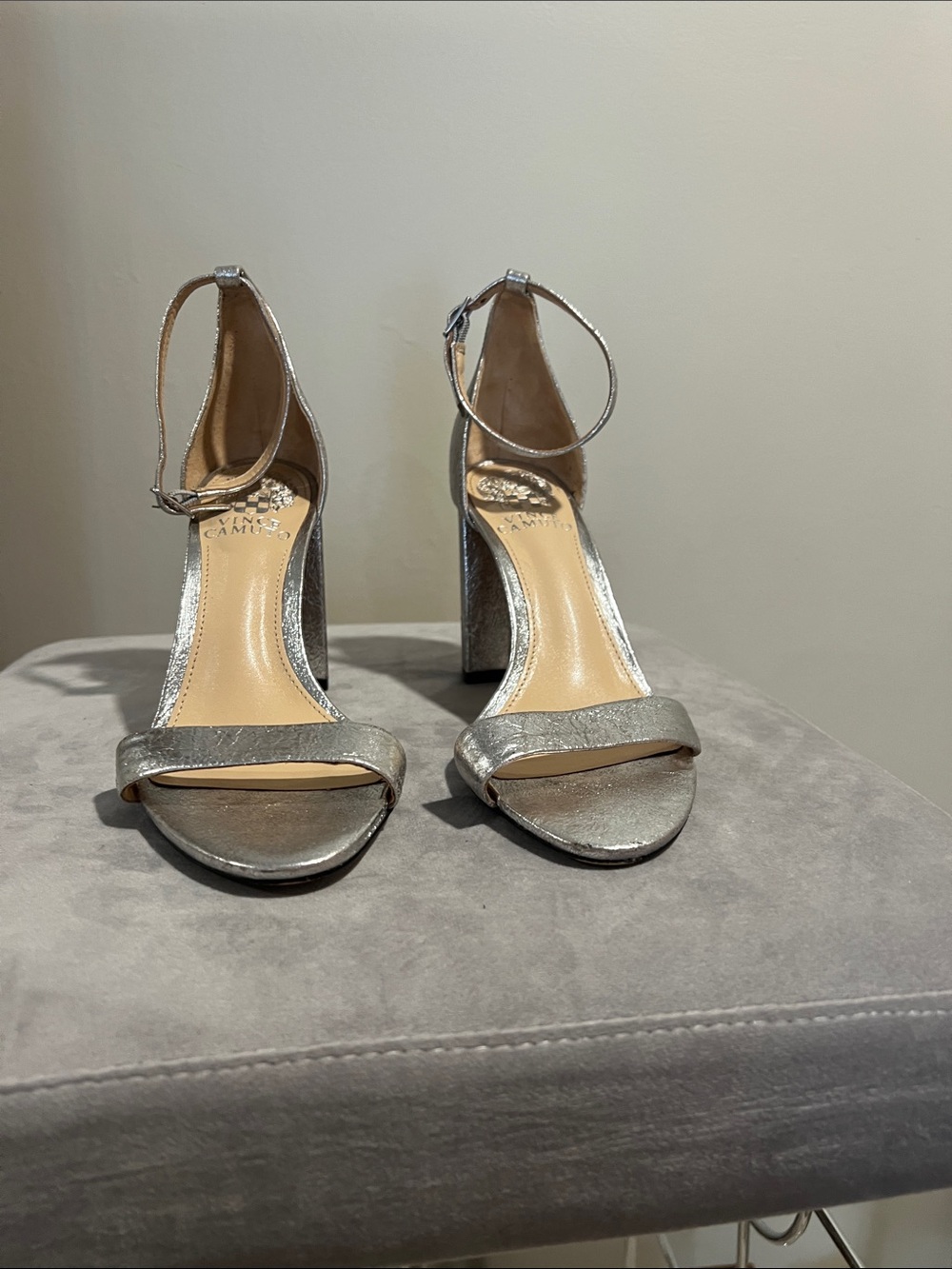 Vince Camuto Silver Ankle-Strap Block Heel Sandals